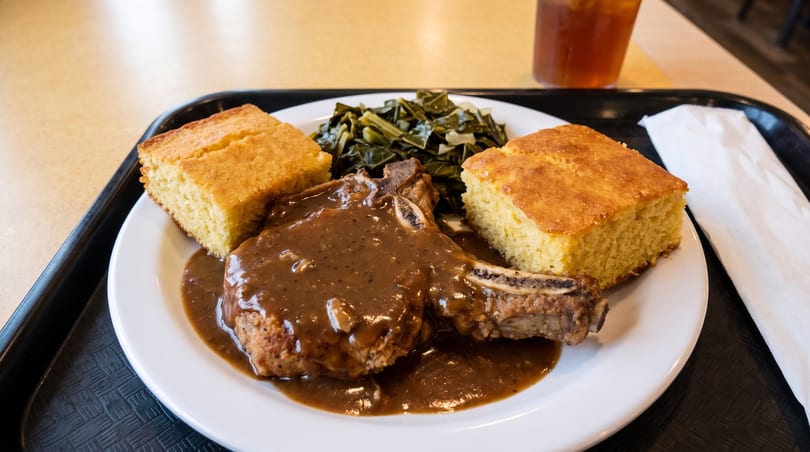 Smothered pork chop with gravy, collard greens, and two pieces of cornbread on a white plate.